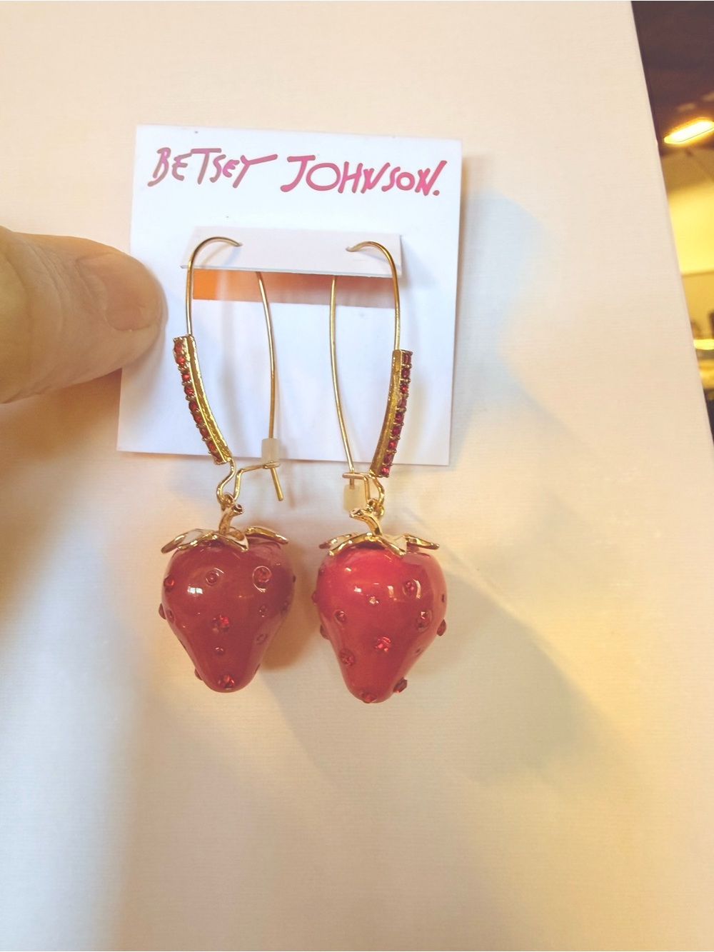 Betsey Johnson Pink-Red Strawberry Drop Earrings with Gold Tone
